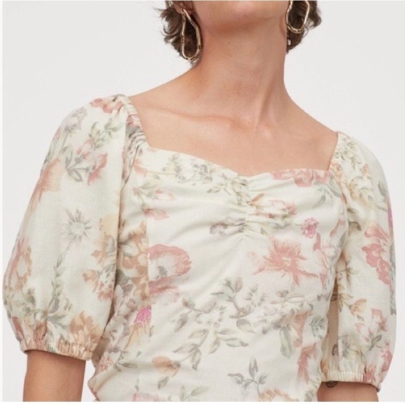 H&M Linen 90s Floral Sweetheart Neckline Top - Picture 2 of 8
